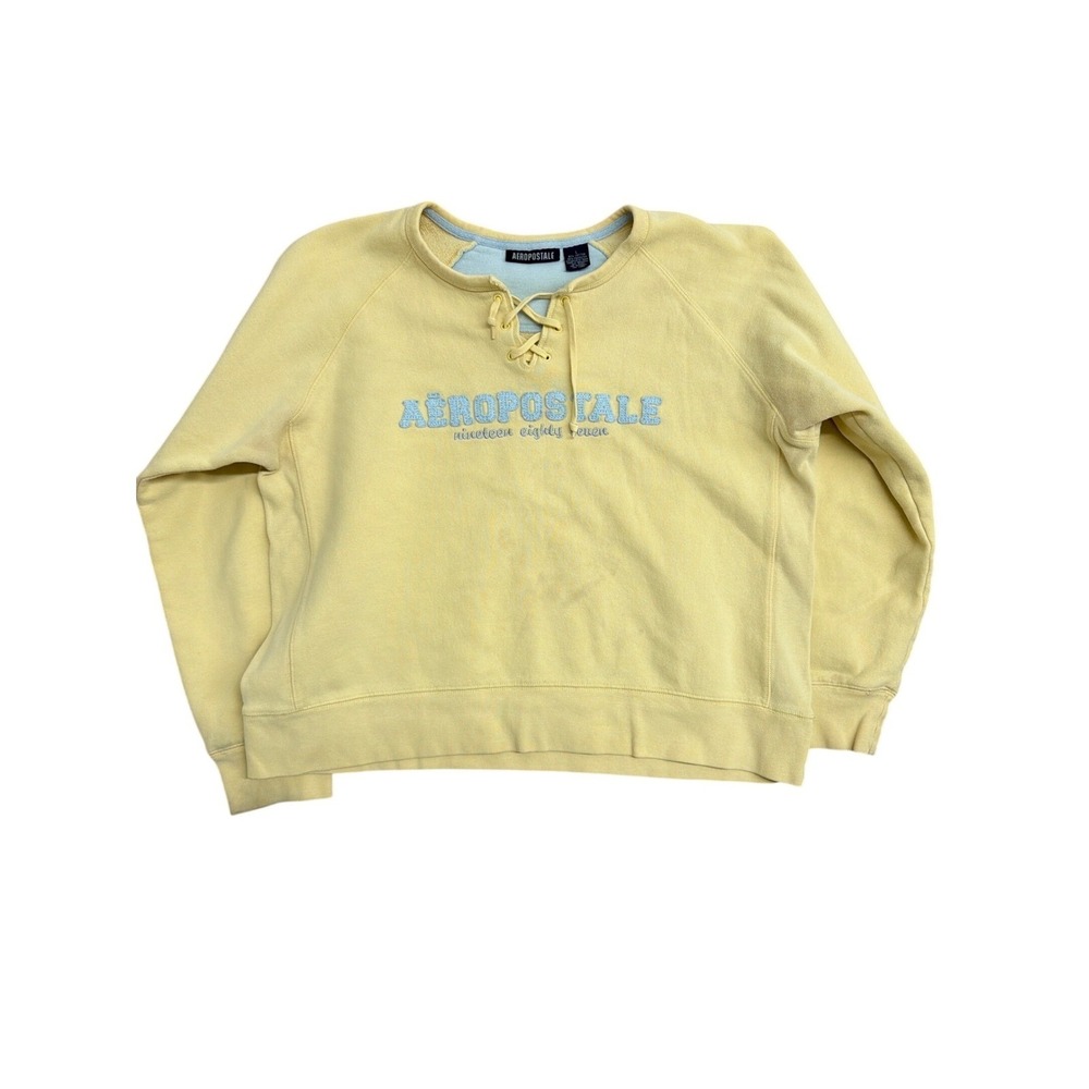 Aeropostale Womens Yellow Lace Up V-Neck Logo Sweatshirt Size L‎ Raglan Fleece
